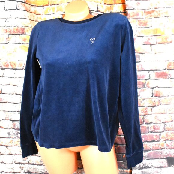PINK Victoria's Secret Tops - Victorias Secret Medium Crushed Velvet Sweater Open Back Navy Blue Pullover